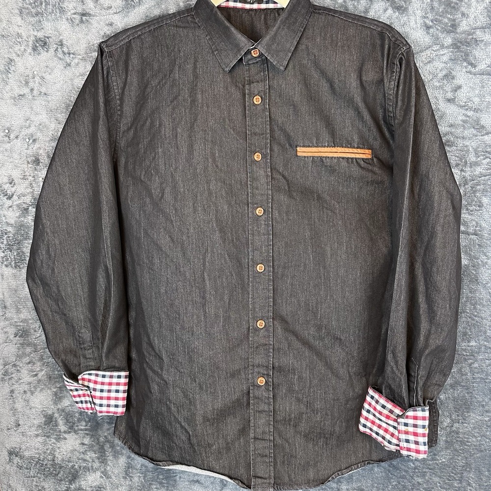 Coofandy Mens Solid Gray Cotton Blend Woven Button Up Long Sleeve Pockets S